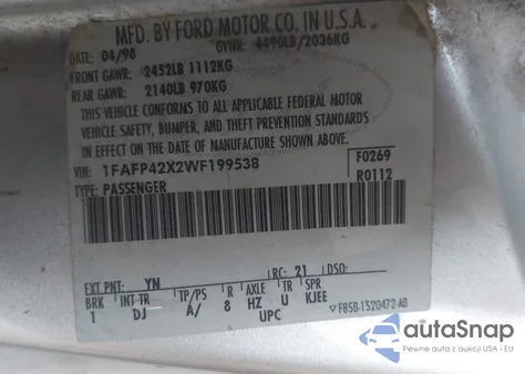 1998 Ford Mustang Gt z USA, uszkodzony, nr VIN 1FAFP42X2WF199538